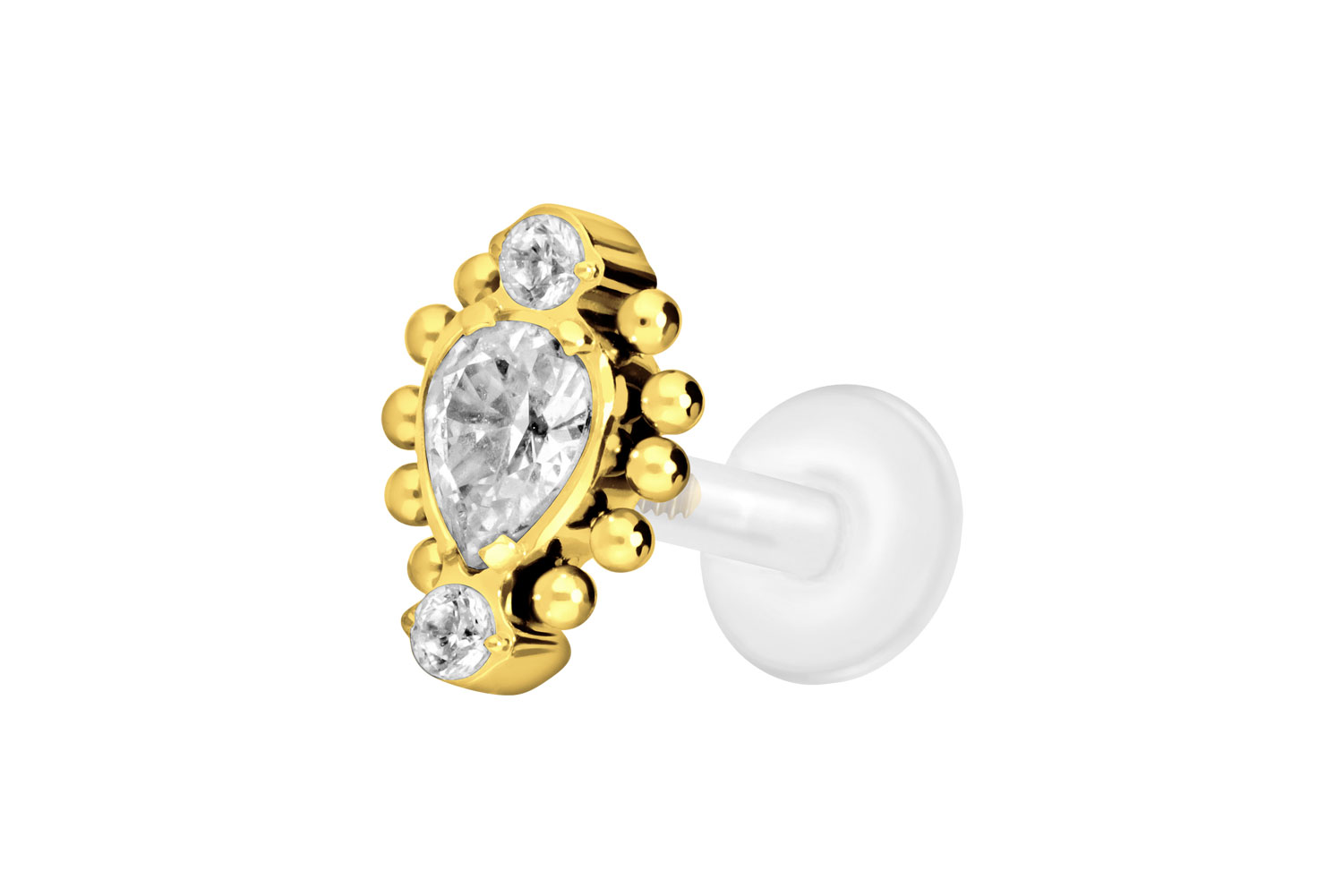 PTFE Labret Piercing mit Innengewinde + Titan-Aufsatz 3 EINGEFASSTE KRISTALLE + KUGELN